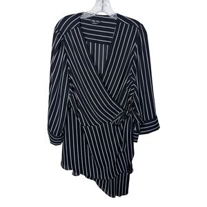 City Chic Womens Striped Wrap Tunic Top Black White V-Neck Size S 16 3/4 Sleeve
